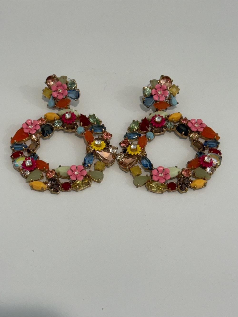 J. Crew Multicolor Floral Hoop Earrings with Pink Flower Accents